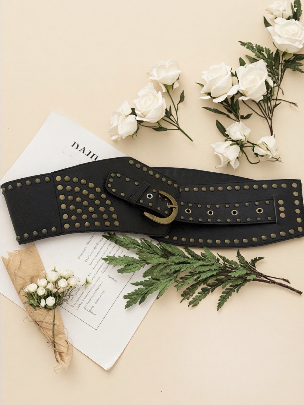 Macy's Black Wide Studded Waist Belt with Gold-Tone Buckle